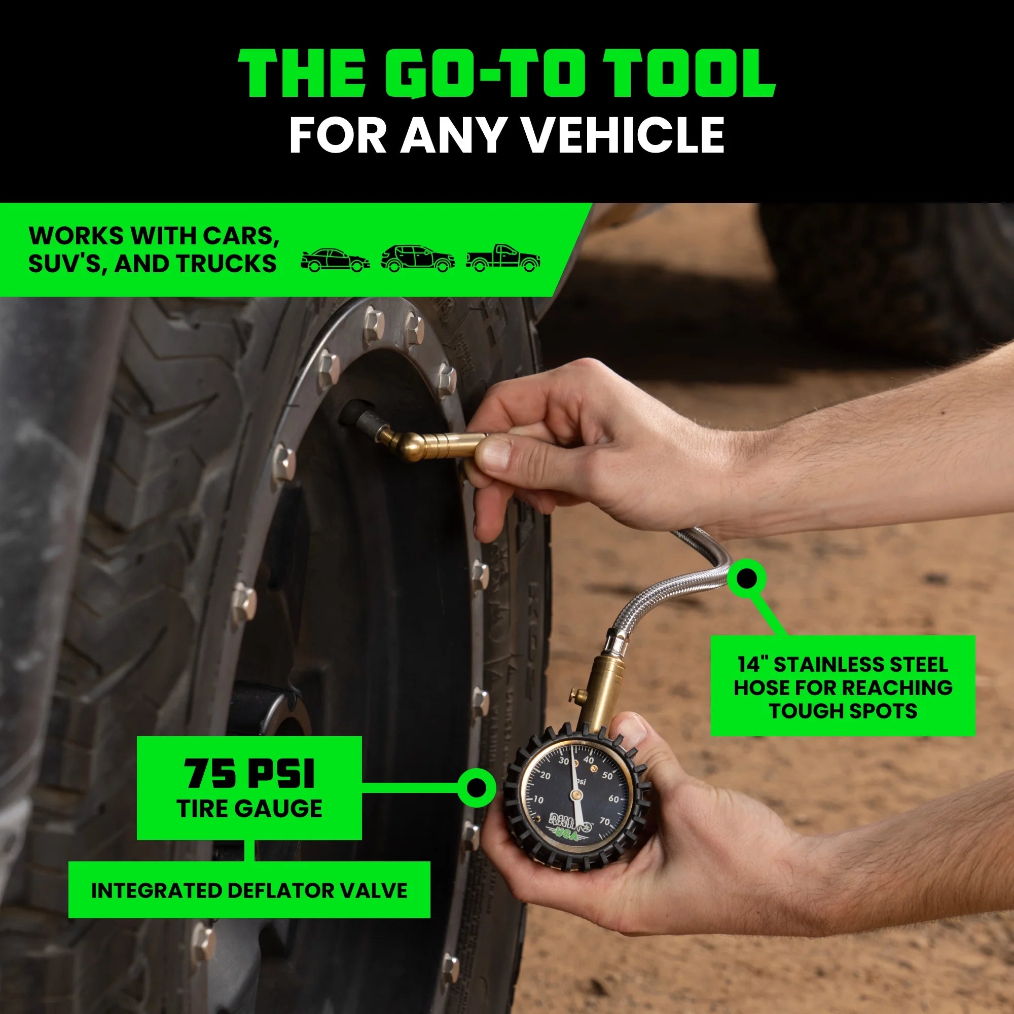 75PSI Heavy Duty Tire Pressure Gauge - Certified ANSI B40.1 Accurate, Premium Braided Hose